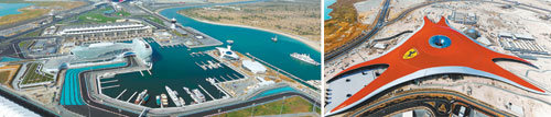 아랍에미리트 아부다비는 야스 섬(왼쪽)을 초대형 테마파크와 포뮬러1(F1) 자동차경기장 등을 갖춘 문화산업 단지로 개발하고
있다. 야스 섬에 들어설 세계 최대 실내 테마파크인 ‘페라리 월드’(오른쪽)에는 세계에서 가장 빠른 롤러코스터가 설치될
예정이다. 사진 제공 알다르