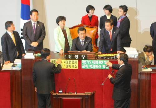 지난해 12월 18일 국회 예산결산특별위원회 위원장석을 점거한 민주당 의원들에게 한나라당 심재철 위원장이 항의하고 있다.