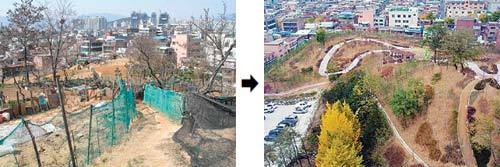 서울 중랑구 용마산 도시자연공원 정비 전과 후. 사진 제공 서울시