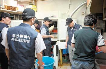 부산시 특별사법경찰광역전담반이 시내 식당 내부에서 점검을 하고 있다. 사진 제공 부산시