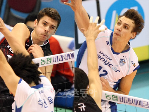 V리그 남자부 경기가 대한항공의 비상으로 3∼4위 싸움이 더욱 치열해진 가운데 이번 주에는 1위 삼성화재와 2위 현대캐피탈의 맞대결로 팬들의 관심을 모으고 있다. 현대캐피탈의 용병 앤더슨(왼쪽 사진)과 삼성화재의 가빈이 스파이크를 날리고 있다. [스포츠동아 DB]