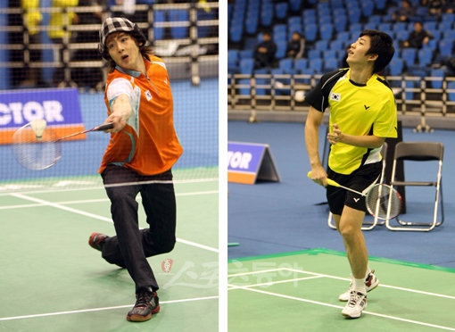 “배드민턴 붐업” 훈남들의 윙크! 아이돌 닉쿤(왼쪽)과 배드민턴 스타 이용대가 코트에서 만났다. 12일 개막한 빅터 코리아오픈 배드민턴 슈퍼시리즈는 닉쿤과 이용대의 특별경기를 마련해 팬들의 이목을 집중시켰다.
