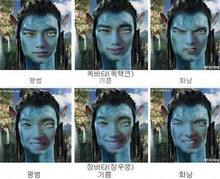 영화 ‘아바타’의 나비족에 2PM의 멤버 옥택연을 합성한 평범·기쁨·화남 이미지.인터넷 화면 캡처