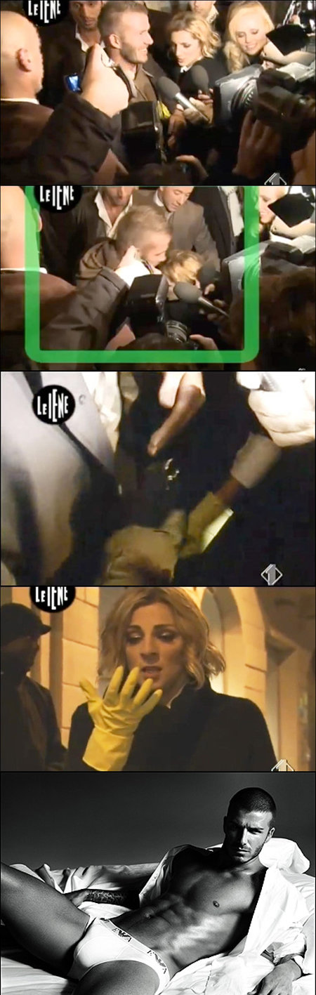이탈리아 TV프로그램 ‘하이에나’의 리포터 엘레나 디 치오키오가 데이비드 베컴에게 접근해 그의 ‘은밀한 부위’를 만지려고
시도하는 장면을 담은 동영상(오른쪽 맨 위 사진부터 아래로 3장). 맨 아래 사진은 문제의 베컴 아르마니 속옷 광고.
