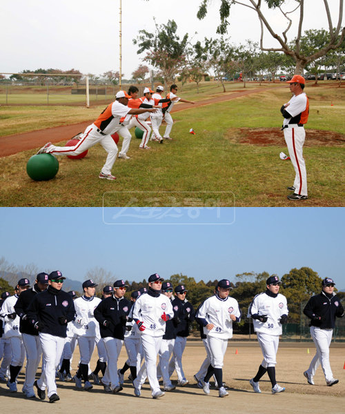 가을 수확의 시작은 봄에 뿌리는 씨앗에서부터다. 8개 구단이 스프링캠프에 많은 돈과 공력을 들이는 이유다. 하와이에 캠프를 차린 한화 한대화 감독(위 사진 오른쪽)이 선수들의 훈련 모습을 유심히 지켜보고, 일본 미야자키로 간 두산 선수들이 줄 맞춰 열심히 뛰는 이유도 전훈의 중요성을 잘 인식하고 있기 때문이다. 사진 제공 ｜ 한화 이글스·두산 베어스