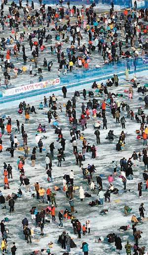 강원 화천군 산천어축제장이 얼음낚시꾼과 썰매타기 체험객들로 북새통을 이루고 있다. 이인모 기자