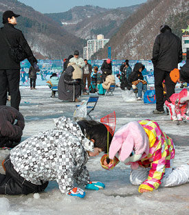 산천어축제장에서 어린이들이 얼음 구멍을 들여다보며 산천어 낚시를 하고 있다. 이인모 기자