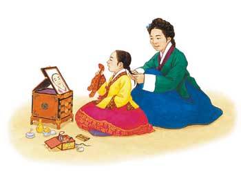 조선시대 공주는 유모의 손에서 자랐다. 유모가 땋아준 머리 끝에 제비부리댕기를 달았다. 사진 제공 초록아이
