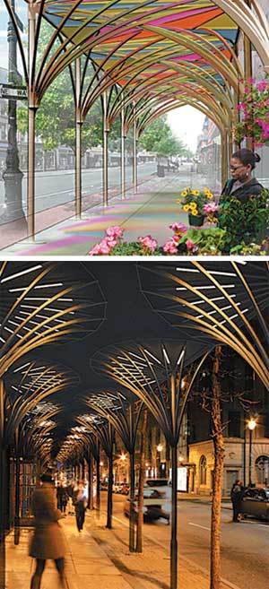 미국 뉴욕 시 도시구조물 디자인 국제공모전에서 대상을 받은 최영환 씨의 ‘어반 엄브렐러’. 단지 보행자 보호용 가설물에 그치지 않고 갤러리나 상업 공간으로 활용할 수 있게 했다. 사진 제공 어반 셰드