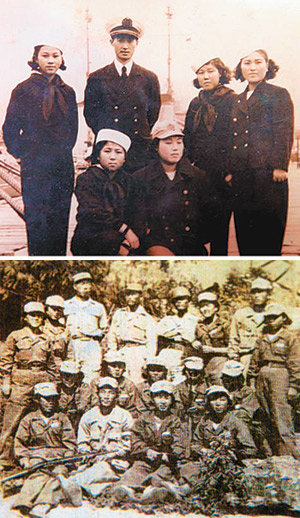 6·25전쟁이 한창이던 1950년 8월 해병대 4기로 입대해 복무한 18세 미만의 소녀병들(위)과 경남 진해 신병훈련소에서 작업복을 입고 교관 등과 함께 기념촬영을 한 소년·소녀병들. 사진 제공 국민권익위원회