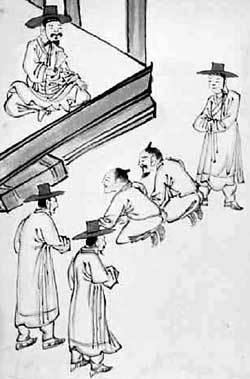 19세기 말 관아에서의 소송 장면을 묘사한 그림. 화가 김윤보의 ‘행정도첩’에 실려 있다. 사진 제공 너머북스