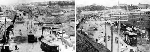 1910년경 서울 종로(왼쪽)와 명동의 거리 풍경. 동아일보 자료 사진