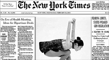 NYT 1면 장식
세계의 주요 외신 역시 김연아의 마법에 매혹됐다. 뉴욕타임스는 이례적으로 24일자 1면 중앙에 큼지막한 김연아의 사진을 게재하고 피겨 여왕의 연기에 찬사를 보냈다.