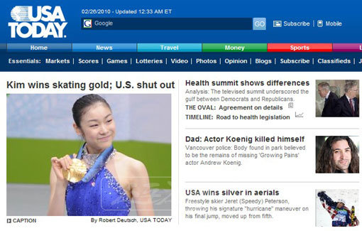 USATODAY가 김연아의 우승 소식을 헤드라인 뉴스로 보도하고 있다.