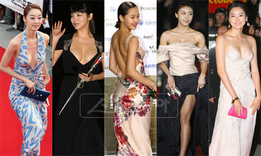 여배우들이 노출 드레스는 레드카펫의 영원한 화제가 된다. (맨 왼쪽부터 최여진, 박시연, 강성연, 하지원, 이다해). 스포츠동아DB