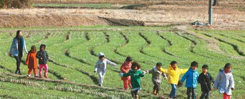 때묻지 않은 청정자원을 이용해 경쟁력 있는 무공해 농산물을 생산하면서 친환경농업의 메카로 떠오른 전남 강진군 옴천면. 파릇파릇 자란 보리밭 사이를 유치원생들이 걷고 있다. 사진 제공 강진군