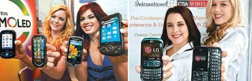 한국 휴대전화 제조업체들이 23일(현지 시간)부터 시작되는 ‘CTIA 2010’에서 북미시장 공략을 위한 신제품을 속속 공개했다. 삼성전자는 쿼티 키패드를 부착한 ‘스트라이브’, 풀터치폰 ‘선버스트’, 미국 시장 공략용 스마트폰인 ‘모먼트’와 ‘비홀드Ⅱ’(왼쪽 사진 왼쪽부터)를 선보였다. LG전자는 쿼티 키패드와 e메일 계정 연결 서비스 등의 기능을 갖춘 ‘리마크’(오른쪽 사진)를 공개했다. 사진 제공 삼성전자·LG전자