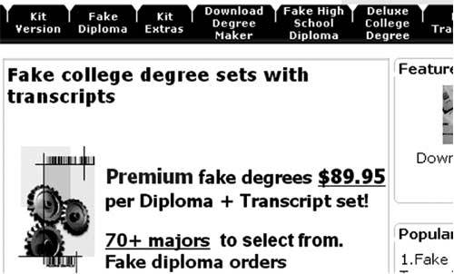 미국 주요 대학의 졸업증과 성적증명서를 위조해준다는 한 졸업증 위조 사이트의 홈페이지. 국내에서 ‘허위 학력’으로 적발되는 대부분의 원어민 강사들이 이와 같은 사이트를 이용하는 것으로 알려졌다.