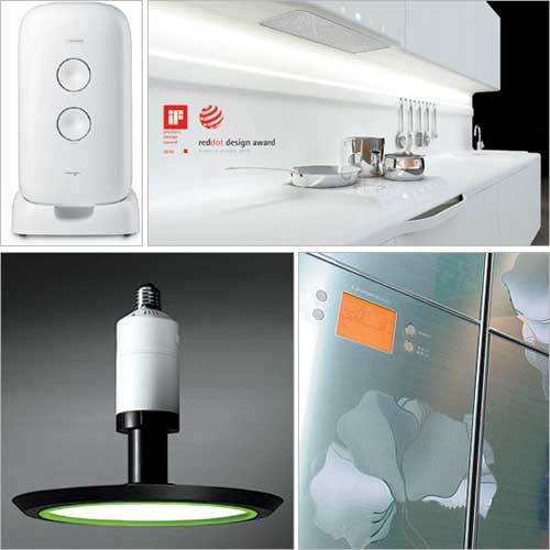 국내 중견기업 제품들이 독일 ‘레드닷’ ‘iF’ 디자인 어워드 등 세계적인 디자인대회에서 잇달아 수상했다. 왼쪽 위 시계방향으로 현대적 단순미가 돋보이는 웅진코웨이의 ‘룰루 연수기’, 하얀 캔버스처럼 이음매가 없는 LG하우시스의 ‘일체형 캔버스 하이막스 주방가구’, 빛을 넓게 분산시켜주는 우리조명의 발광다이오드(LED) 램프 ‘UFO’, LG이노텍 ‘포토에칭’ 기술로 꽃 그림을 새긴 LG전자 ‘샤인’ 냉장고. 사진 제공 각 회사