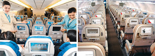 글로벌 경기침체를 계기로 이코노미 클래스를 선택하는 고객이 늘면서 이들의 마음을 잡기 위한 항공사들의 경쟁도 치열해지고 있다. 대한항공은 중장거리 노선 이코노미 좌석을 신형으로 대거 교체했으며(왼쪽), 아시아나항공은 중단거리 노선의 이코노미 좌석에도 개인 모니터를 설치했다. 사진 제공 각 회사