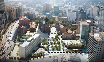 천주교 서울대교구가 추진하는 명동성당 일대 재개발 공사 조감도. 재개발 계획에 따르면 명동성당 본당의 북서쪽(점선 안)에 지상13층, 9층 빌딩 두 동과 지하 4층 규모의 임대시설, 주차장이 들어설 예정이다. 그림 제공 천주교서울대교구