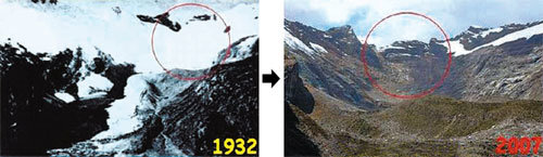 1932년에 빙하가 풍부했던 안데스산맥 해발 4825m에 있는 브로기 빙하지대는 2005년부터 눈을 찾아보기 어렵다. 2007년에 찍은 사진에는 빙하가 대부분 사라지고 시커먼 암벽만 모습을 드러내 흉물스럽다. 사진 제공 페루 빙하수자원연구단