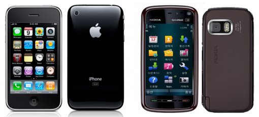 애플 아이폰(왼쪽), 노키아 익스프레스뮤직폰