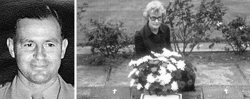 1995년 낸시 휴머스턴 여사가 부산 남구 대연동 유엔기념공원에 있는 남편의 묘소 앞에서 깊은 상념에 빠져 있다. 왼쪽은 남편 휴머스턴 대위. 사진 제공 낸시 휴머스턴 유족