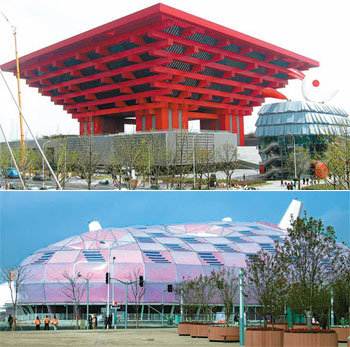 규모면에서 가장 큰 국가관인 중국 국가관. ‘동방의 관(東方之冠)’으로 이름 붙여졌으며 중국 문화의 잠재력을 의미한다고 한다(위). ‘누에고치’가 태어나는 것을 형상화한 일본관. 과거 현재 미래 중-일 간의 긴밀한 관계를 상징한다. 상하이=하종대 기자