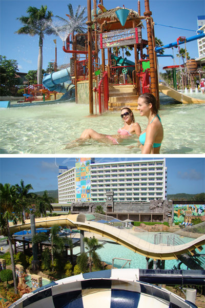워터파크 ‘웨이브 정글’은 사이판 월드리조트 최대의 매력이다. 미녀들이 물놀이를 즐기는 모습(위)과 리조트 전경.