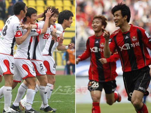 또 다시 1~2위 대결이다. 나란히 4연승을 질주하는 FC서울과 경남FC의 K리그 주말 빅뱅에 축구 팬들의 관심이 모인다. 사진 왼쪽부터 경남 선수단과 서울 정조국, 이승렬. [스포츠동아 DB]