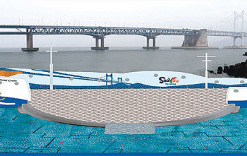 부산 광안리해수욕장 인근 민락수변공원에 밀물 때면 바다 위에 떠있는 것처럼 변하는 야외공연장 조감도. 사진 제공 수영구