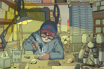 ‘로봇키드 지오’의 한 장면. 주요 등장인물인 한 소년이 로봇에 들어갈 부품을 직접 만들고 있다. 사진 제공 한호기술