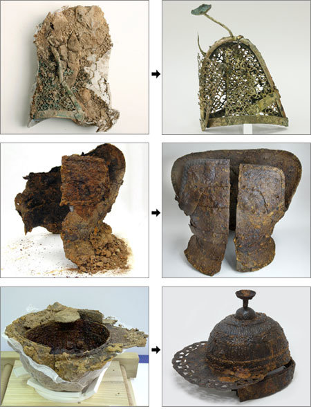 전남 고흥군 안동고분에서 출토된 뒤 4년간의 보존처리 및 복원을 거쳐 6일 공개된 5세기 유물들. 왼쪽부터 금동관모의 복원 전과 후, 갑옷의 복원 전과 후, 투구의 복원 전과 후. 사진 제공 국립문화재연구소