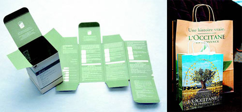 아모레퍼시픽 유기농 화장품 ‘프리메라’의 상자 안쪽 제품 설명(왼쪽)과 프랑스 화장품 브랜드 록시땅의 ‘애플 페이퍼’ 쇼핑백.