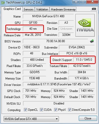 지포스 GTX 480은 40nm 공정 기술 및 다이렉트X 11 기능을 갖췄다(GPU 정보 분석 유틸리티인 GPU-Z 실행화면)