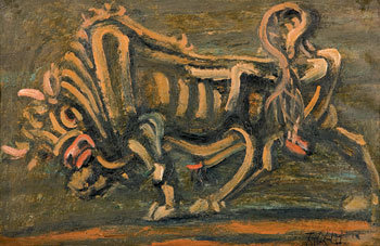 6월 서울옥션 경매에서 국내 미술품 경매 최고가에 도전하는 이중섭의 유화 ‘황소’. 이중섭 특유의 힘찬 선이 돋보이는 수작이다. 1953년경 경남 통영에서 그린 것으로 추정된다. 35.3×51.3cm. 사진 제공 서울옥션