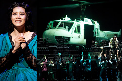 고양과 성남을 거쳐 서울로 입성한 뮤지컬 ‘미스 사이공’의 하이라이트 장면(오른쪽). 뮤지컬 스타로 거듭난 옥주현(왼쪽)은 ‘몬테크리스토’로 관객들을 다시 찾았다. 스포츠동아DB