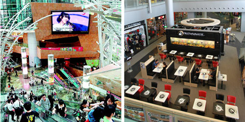 도시 전체가 거대한 쇼핑센터인 홍콩과 싱가포르에서 각 쇼핑몰은 다른 곳에서 볼 수 없는 시설이나 매장을 들여와 고객을 끌어모은다. 홍콩 몽콕에 위치한 ‘랭엄 플레이스’(왼쪽) 실내에서는 길이가 83m인 에스컬레이터를 볼 수 있다. 4개 층을 한 번에 오를 수 있는 이 에스컬레이터는 쇼핑몰의 명물이 됐다. 싱가포르 오처드로드의 ‘오처드 센트럴’에 있는 케이크 매장(오른쪽)은 10∼30대 젊은이들 사이에 ‘맛집’으로 소문난 곳이다. 개장한 지 1년 된 이 쇼핑몰은 이색 식음료 매장으로 사람들을 끌어모으고 있다.싱가포르·홍콩=서영수 기자