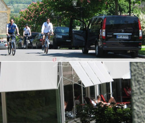 스위스 바트 가라츠의 특급 호텔에 묵고 있는 그리스 선수들이 사이클을 타며 여유로운 시간을 보내고 있고 (사진 위) 숙소 뒤편 야외 수영장에서는 일광욕을 즐기고 있다.