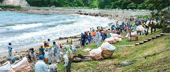 부산외국어대 학생들이 한국에서 해류를 타고 일본 쓰시마 섬 이구치하마 해변으로 흘러든 쓰레기를 줍고 있다. 사진 제공 부산외국어대
