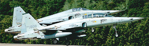 18일 강원 강릉 앞바다에 추락한 공군 F-5F(제공호) 전투기. 앞쪽이 조종사 2명이 탑승하는 F-5F이며 뒤쪽은 조종사 1명이 타는 F-5E 기종이다. 사진 제공 공군