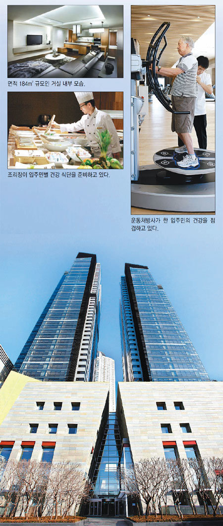 건국대가 서울 광진구 자양동 ‘건국대 스타시티’ 내에 지은 시니어타워 ‘더 클래식 500’의 모습. 2개동, 각각 지상 40, 50층의 초고층 빌딩이다. 사진 제공 건국대