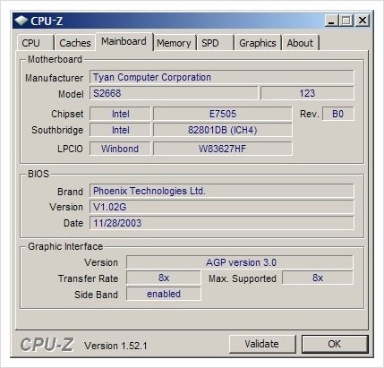 CPU-Z 유틸리티의 'Mainboard' 탭에서 그래픽카드 인터페이스 정보를 확인할 수 있다