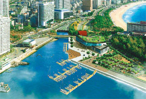 9일 부산 해운대 동백섬 주차장에서 준공식을 가진 ‘동백섬 해양레저기지 조성사업’ 조감도. 이곳에는 보트 61척을 댈 수 있는 
계류시설과 각종 해양스포츠시설이 들어선다.  사진 제공 해운대구