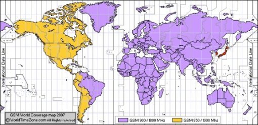 2007년 GSM 방식을 이용하고 있는 국가 분포도