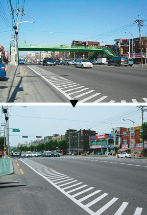 2009년 7월 곰달래 보도육교를 철거하기 전과 후 모습. 육교가 없어진 자리에 새로 횡단보도가 설치됐다. 사진 제공 서울시