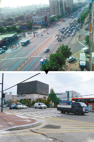 올 4월 횡단보도를 설치하기 전 서울 성동구 용답동 도시철도공사 앞 도로와 설치 뒤 모습.