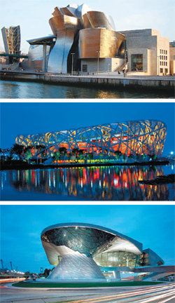 프랭크 게리의 스페인 빌바오 구겐하임미술관, 에르조그&뫼롱의 중국 베이징 2008 올림픽 주경기장, 쿠프 히멜블라우의 독일 뮌헨 BMW 자동차 전시장(위부터).동아일보 자료 사진