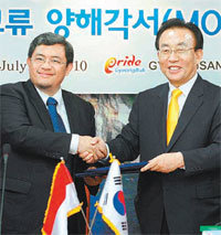 인도네시아 서부자바주 헤르야완 주지사(왼쪽)와 김관용 경북도지사가 28일 체육 교류 양해각서를 체결하고 있다. 사진 제공 경북도